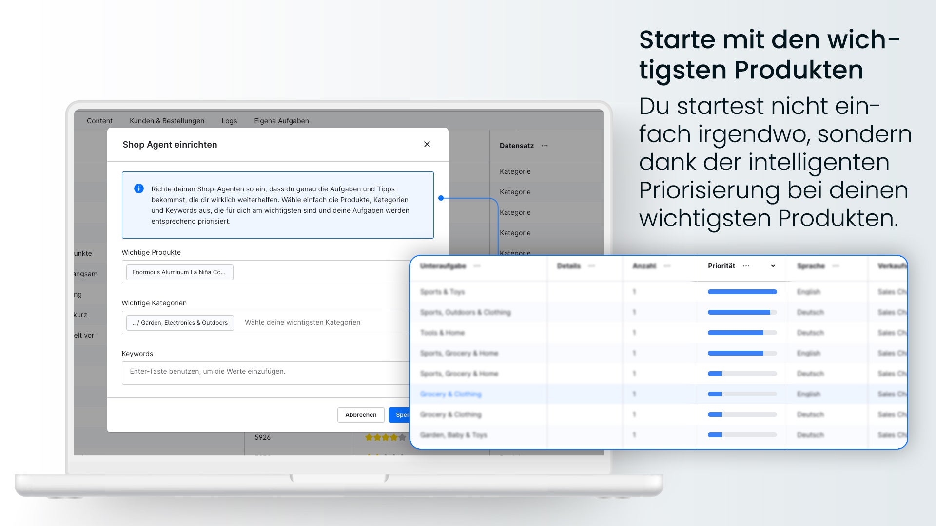 ShopAgent priorisiert automatisch die wichtigsten Produkte und Optimierungsaufgaben